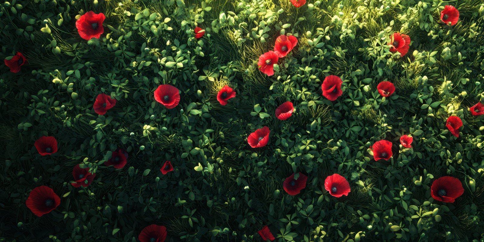 Vibrant red poppies blooming among lush green grass in a sunlit meadow during springtime